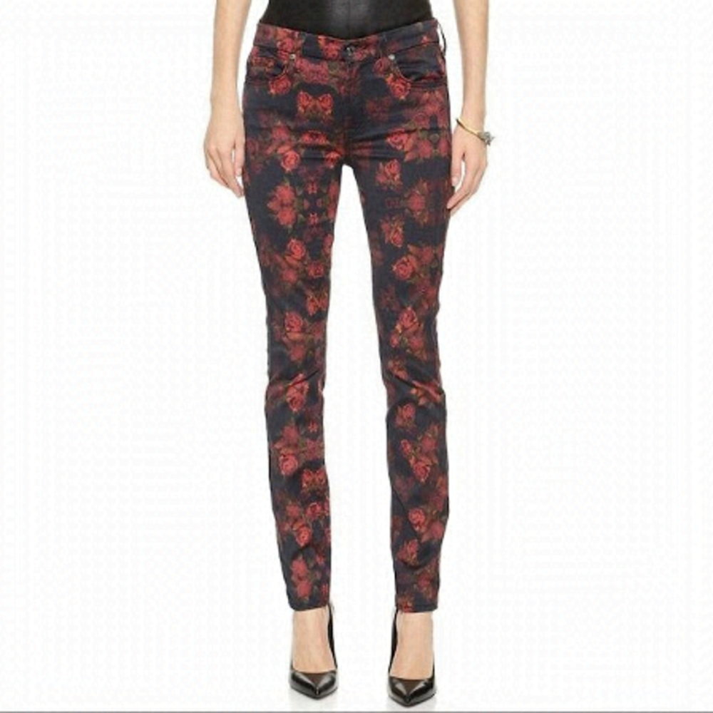 7 For All Mankind Rose Print Mid-Rise Skinny Jeans (Size:26)